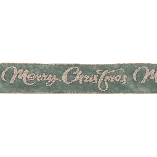 Glittered “Merry Christmas” wired ribbon – wintry blue and silver tones with champagne trim, 4" x 5 yds | RRO Home
