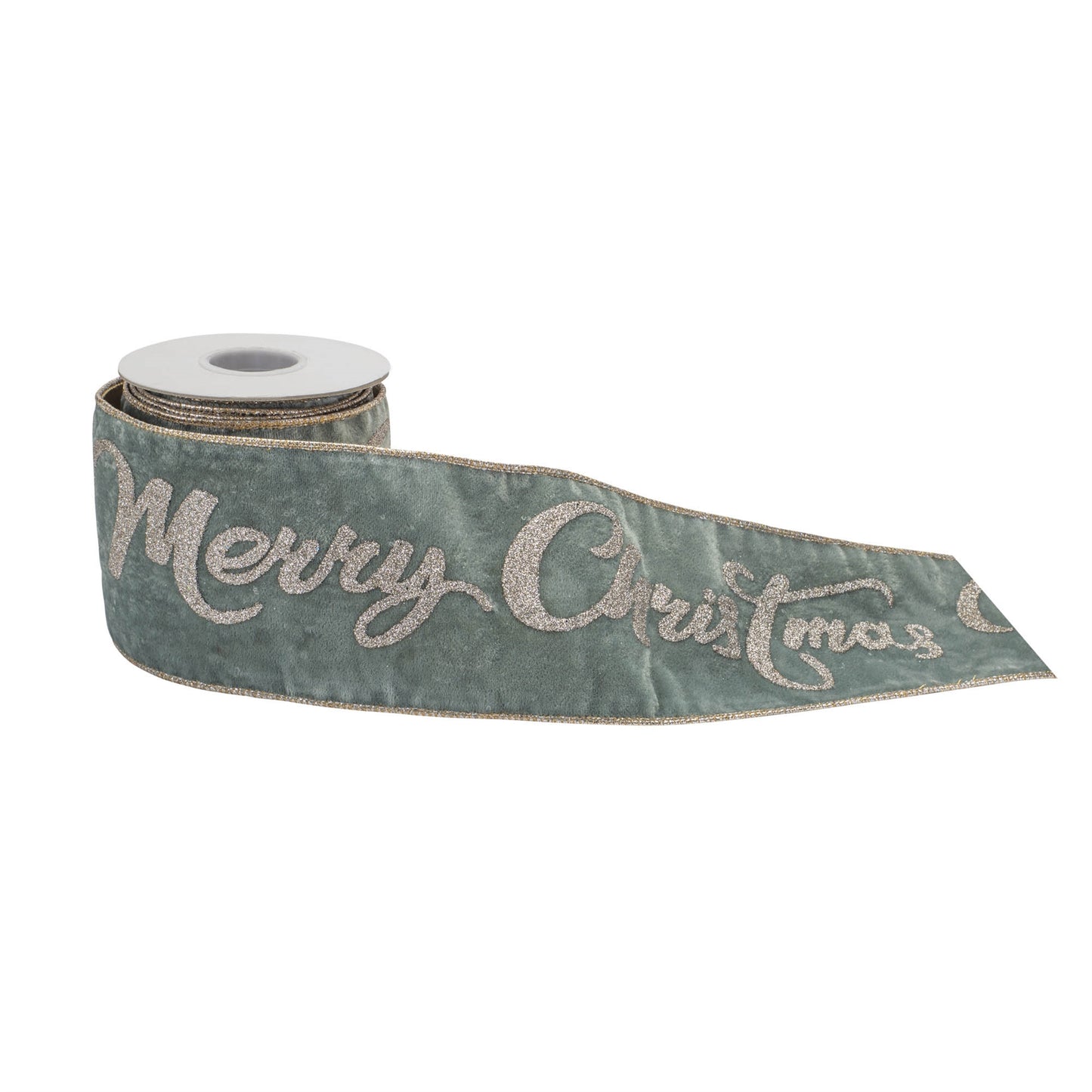 Glittered “Merry Christmas” wired ribbon – wintry blue and silver tones with champagne trim, 4" x 5 yds | RRO Home
