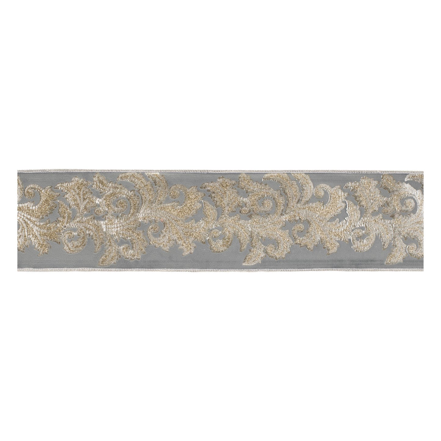 Embroidered damask wired ribbon – 4" x 5 yds, dark grey with gold damask embroidery and glitter accents | RRO Home
