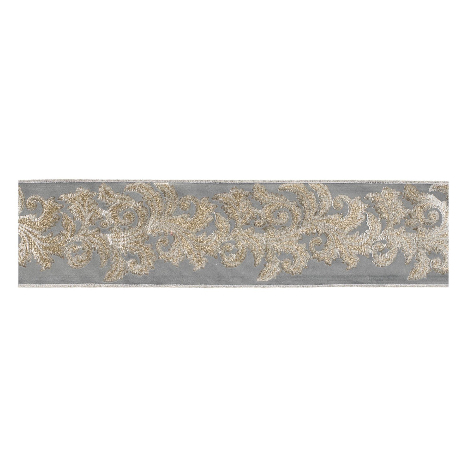 Embroidered damask wired ribbon – 4" x 5 yds, dark grey with gold damask embroidery and glitter accents | RRO Home
