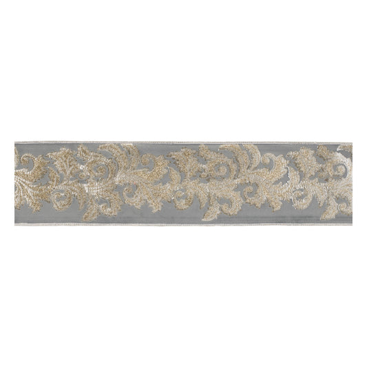 Embroidered damask wired ribbon – 4" x 5 yds, dark grey with gold damask embroidery and glitter accents | RRO Home
