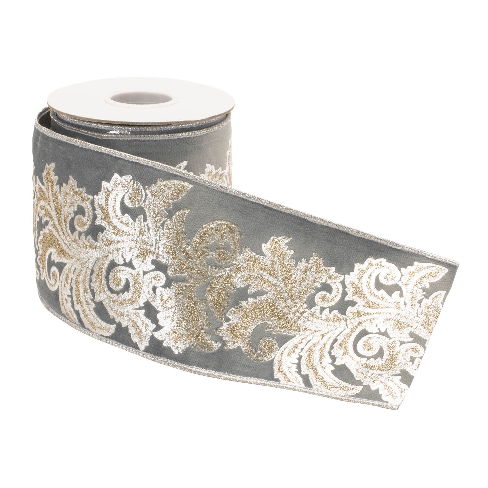 Embroidered damask wired ribbon – 4" x 5 yds, dark grey with gold damask embroidery and glitter accents | RRO Home

