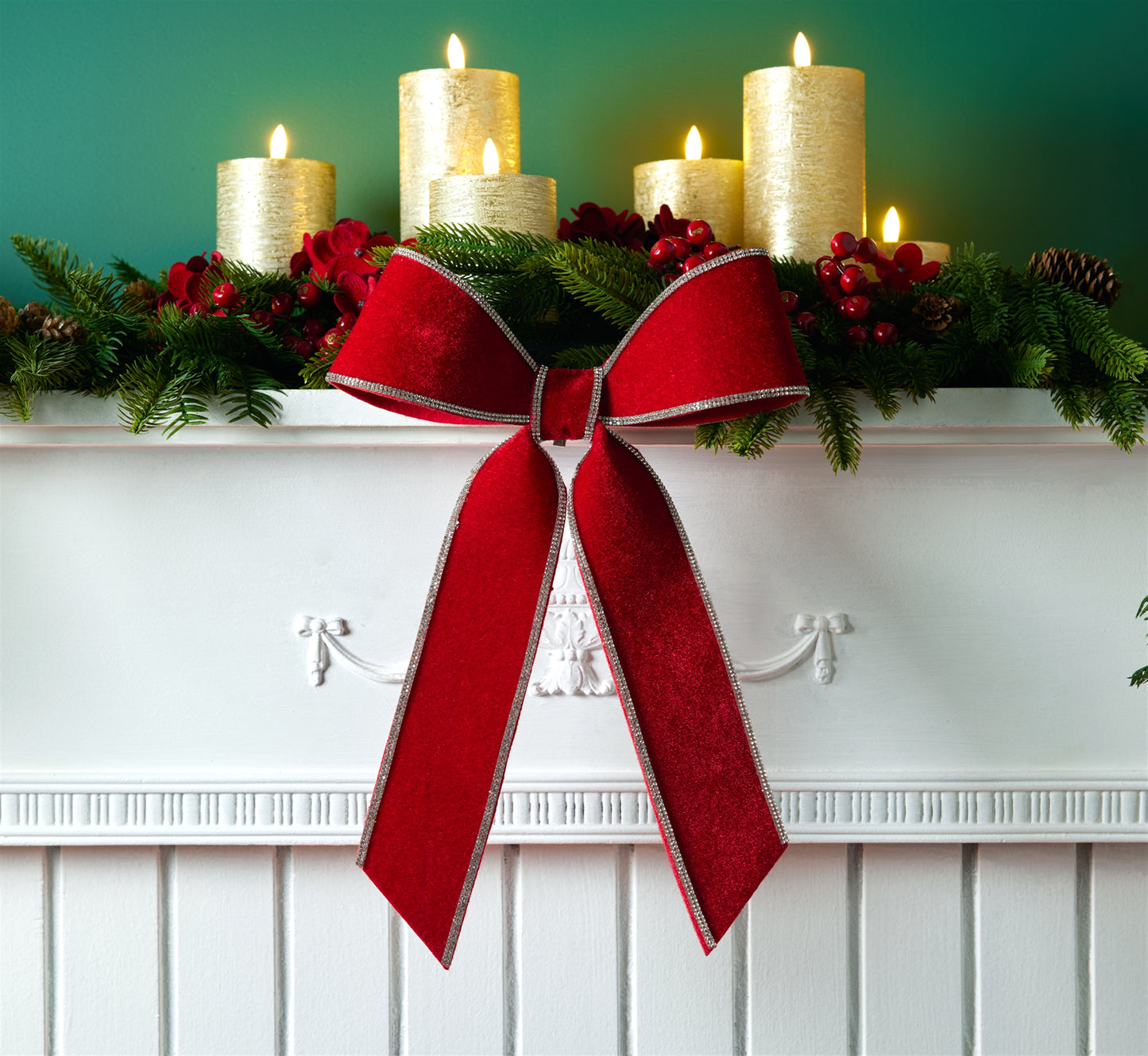 Jeweled red holiday bow set of 2 – embellished with jewel beads, wired edges, clip-back design, 14" x 9" | RRO Home
