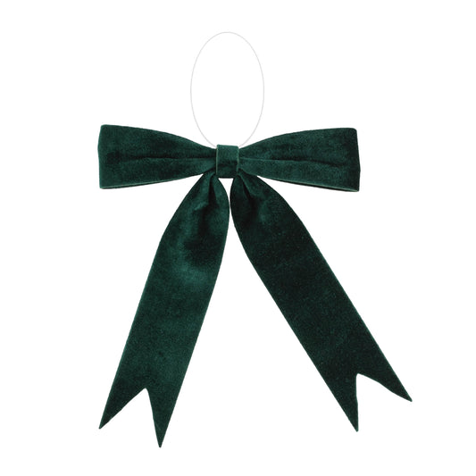 Emerald green holiday bow set of 2 – 15" wide x 10.5" high, soft polyester with clear clip-back hanger | RRO Home
