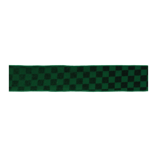 Checkered texture wired ribbon set of 2 – emerald green checkered pattern, 2.5" x 5 yds each, wired edges | RRO Home
