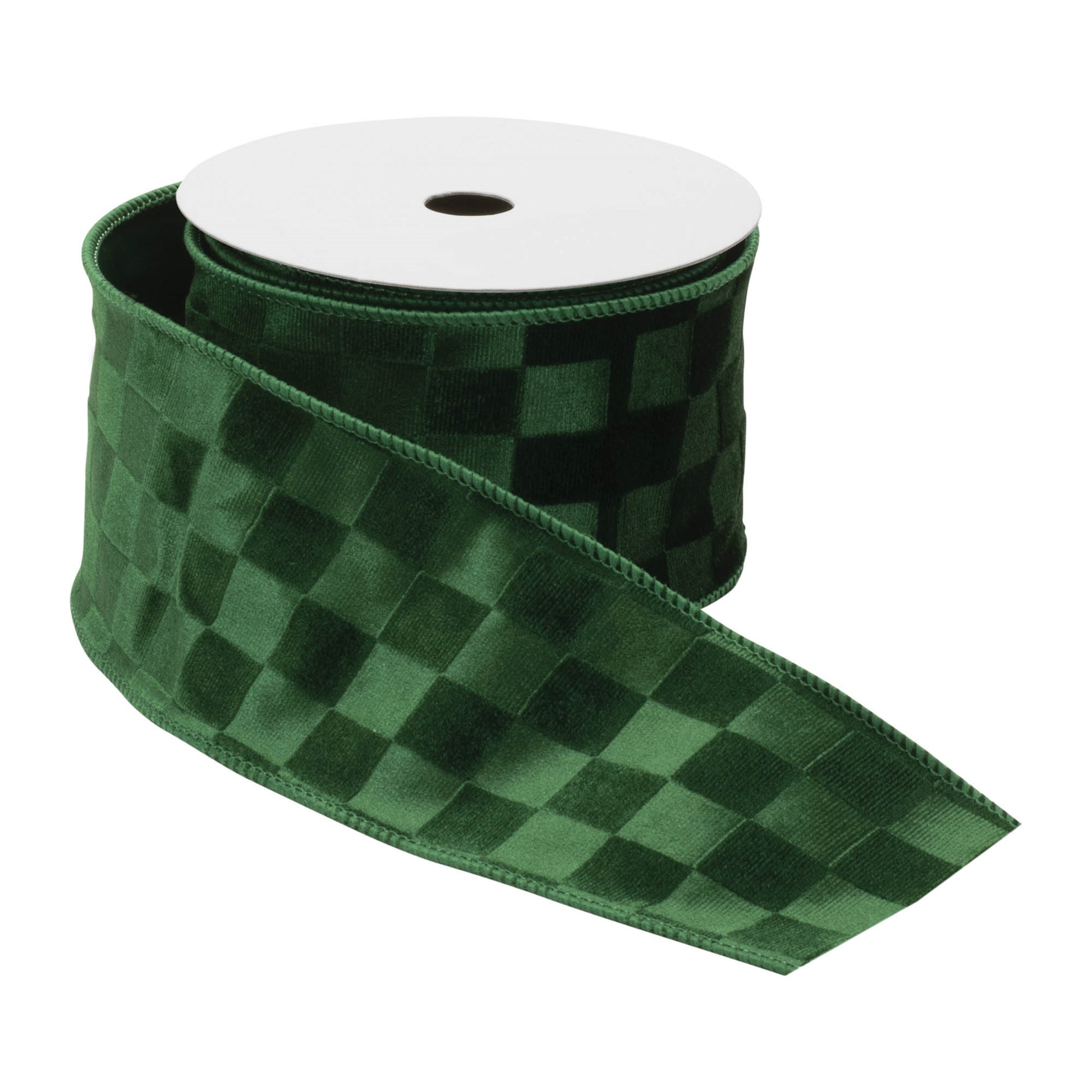 Checkered texture wired ribbon set of 2 – emerald green checkered pattern, 2.5" x 5 yds each, wired edges | RRO Home

