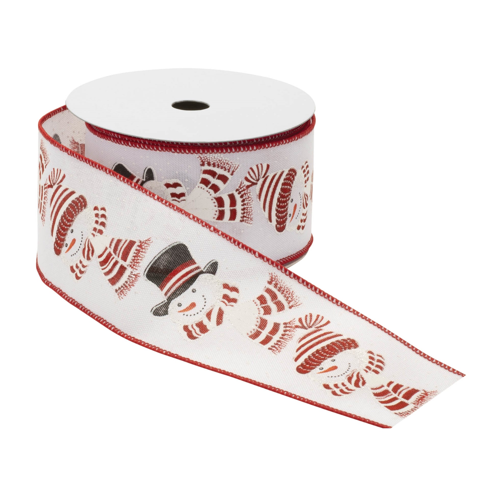 Glittered snowman wired ribbon set of 2 – 2.5" x 10 yds each, red & white with glitter snowman design | RRO Home
