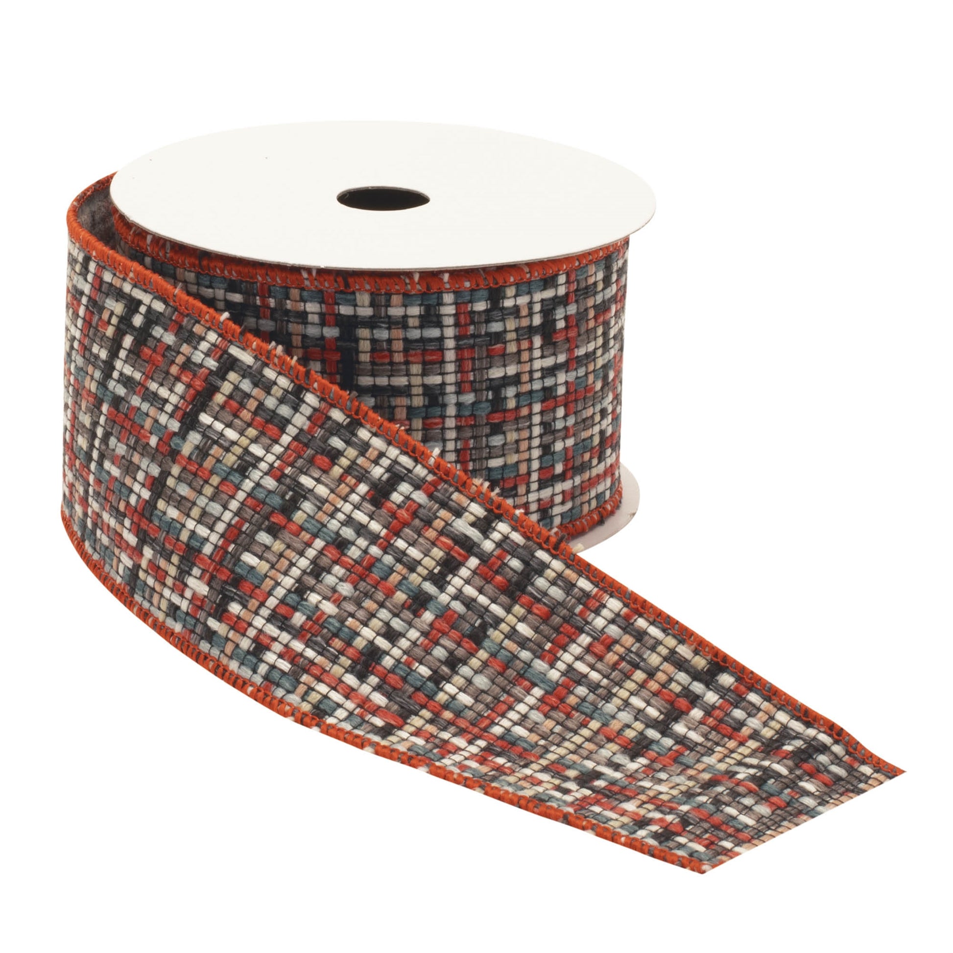 Checkered woven wired ribbon – red and beige plaid pattern, set of 2, 2.5" x 5 yds each | RRO Home

