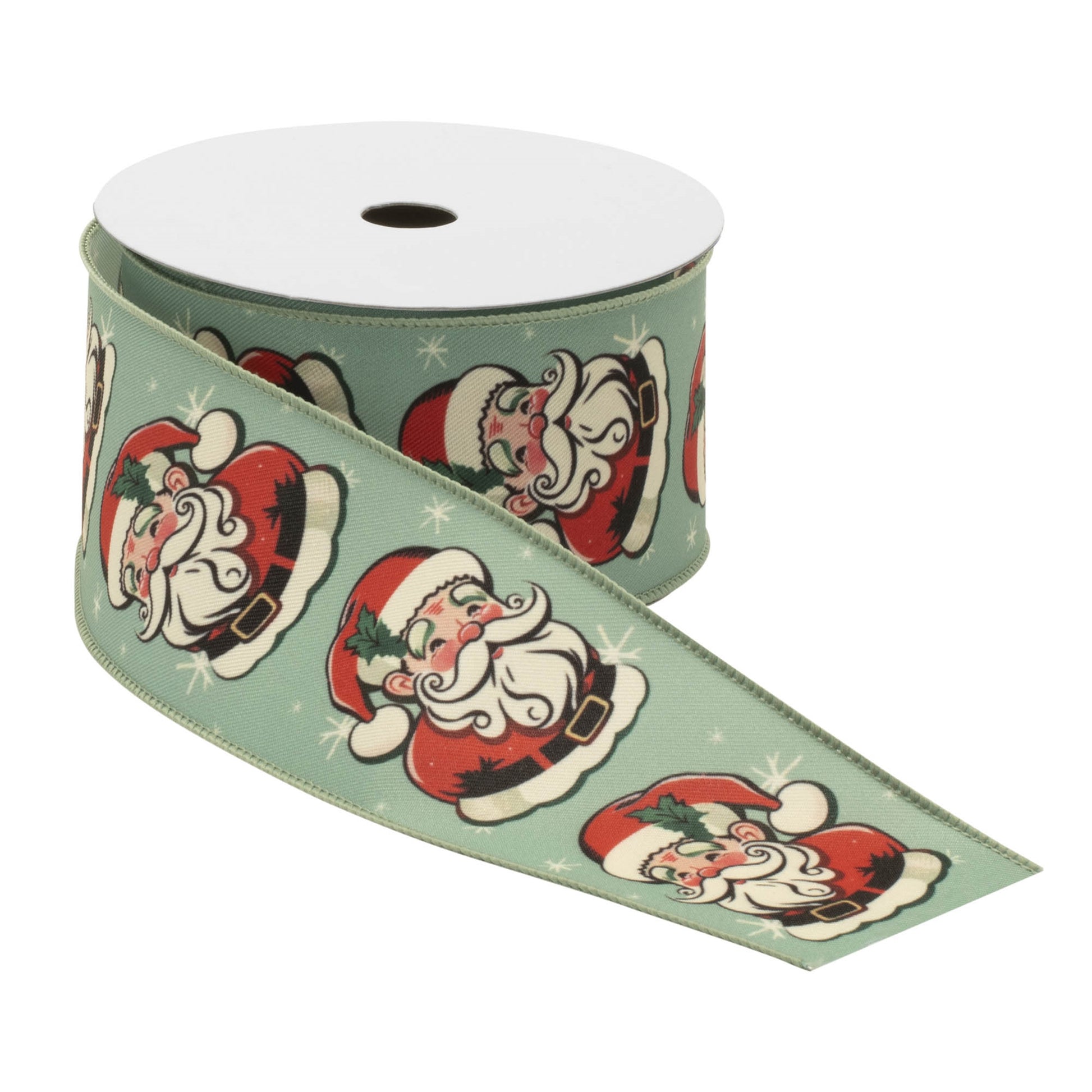 Nostalgic Santa print wired ribbon set of 2 – 2.5" x 10 yds each with vintage Santa and snowflake design | RRO Home

