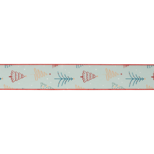 Christmas tree print wired ribbon set of 2 – red, white & blue with snowflake accents, 2.5\" × 10 yds each | RRO Home

