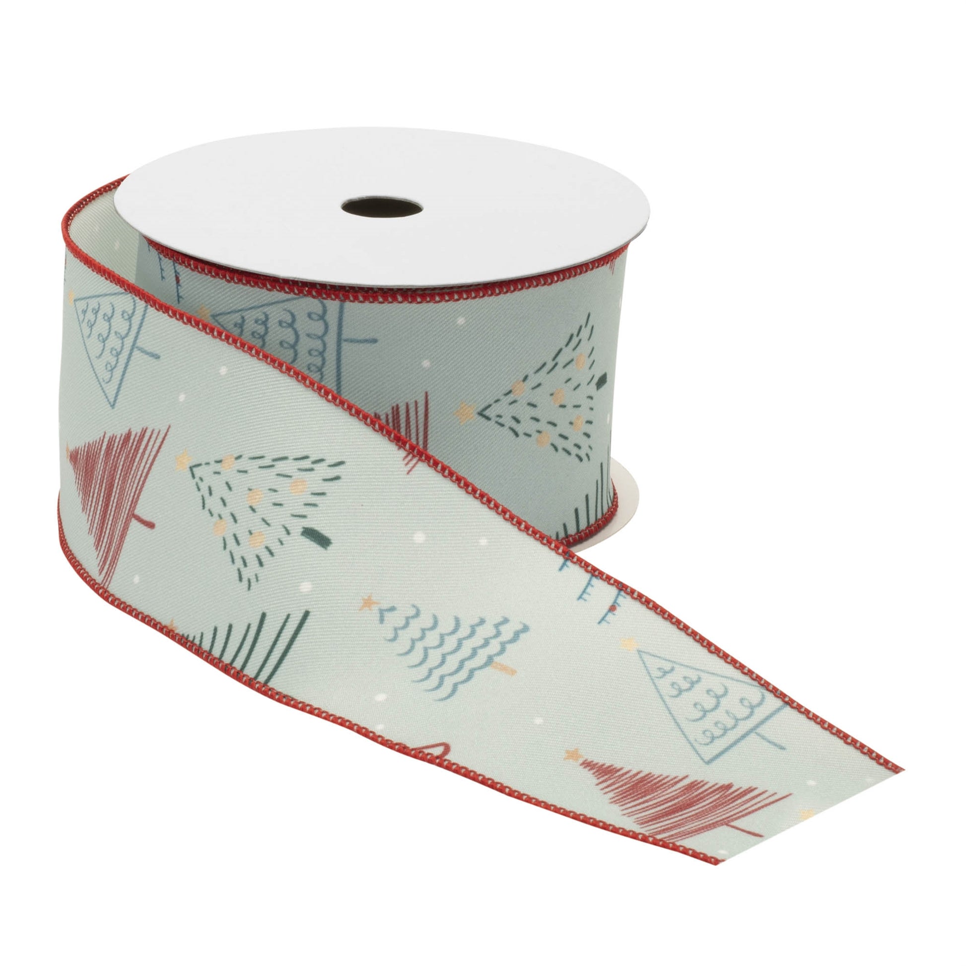 Christmas tree print wired ribbon set of 2 – red, white & blue with snowflake accents, 2.5\" × 10 yds each | RRO Home
