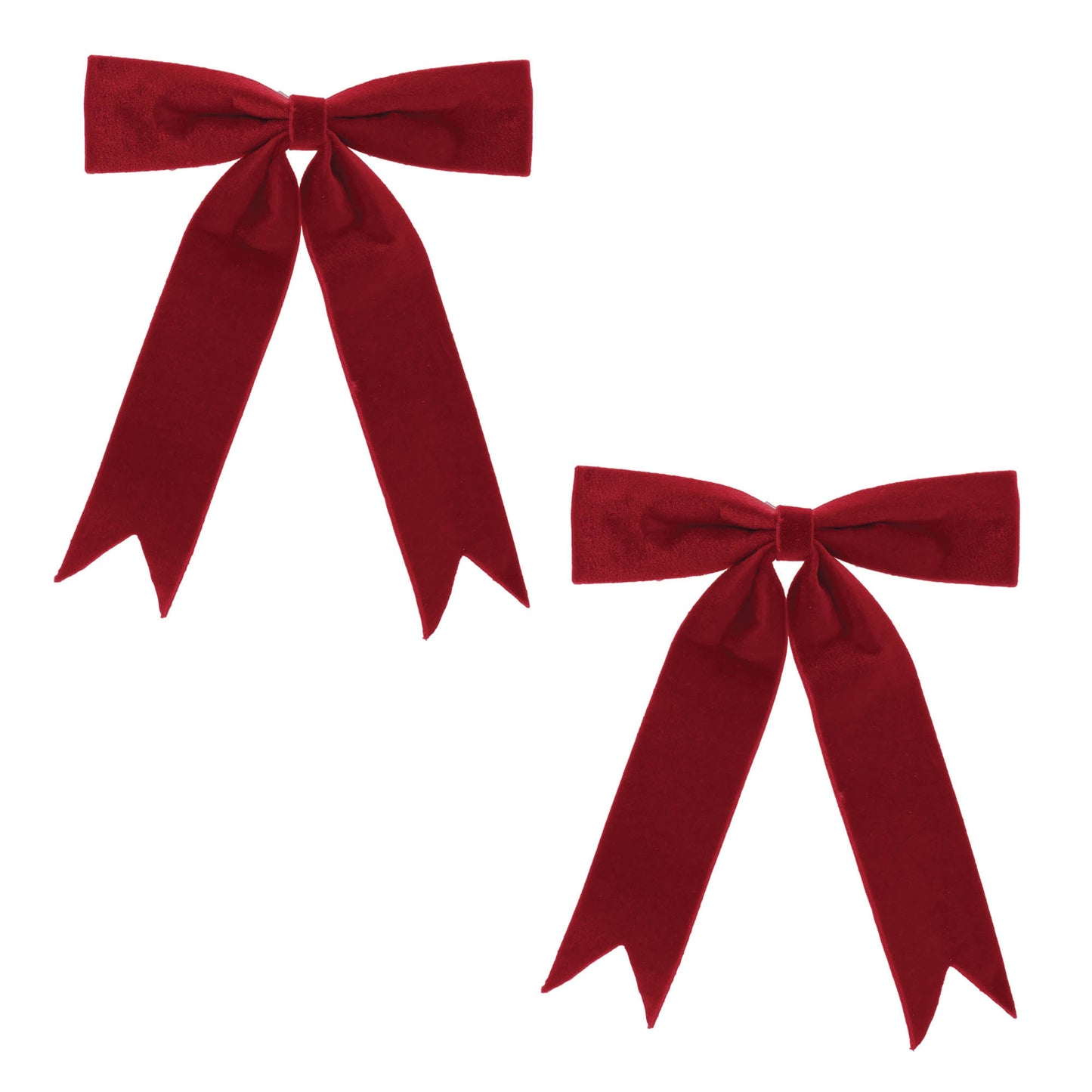 Set of two red 13-inch polyester holiday bows with clear hangers for wreaths, garlands, and trees
