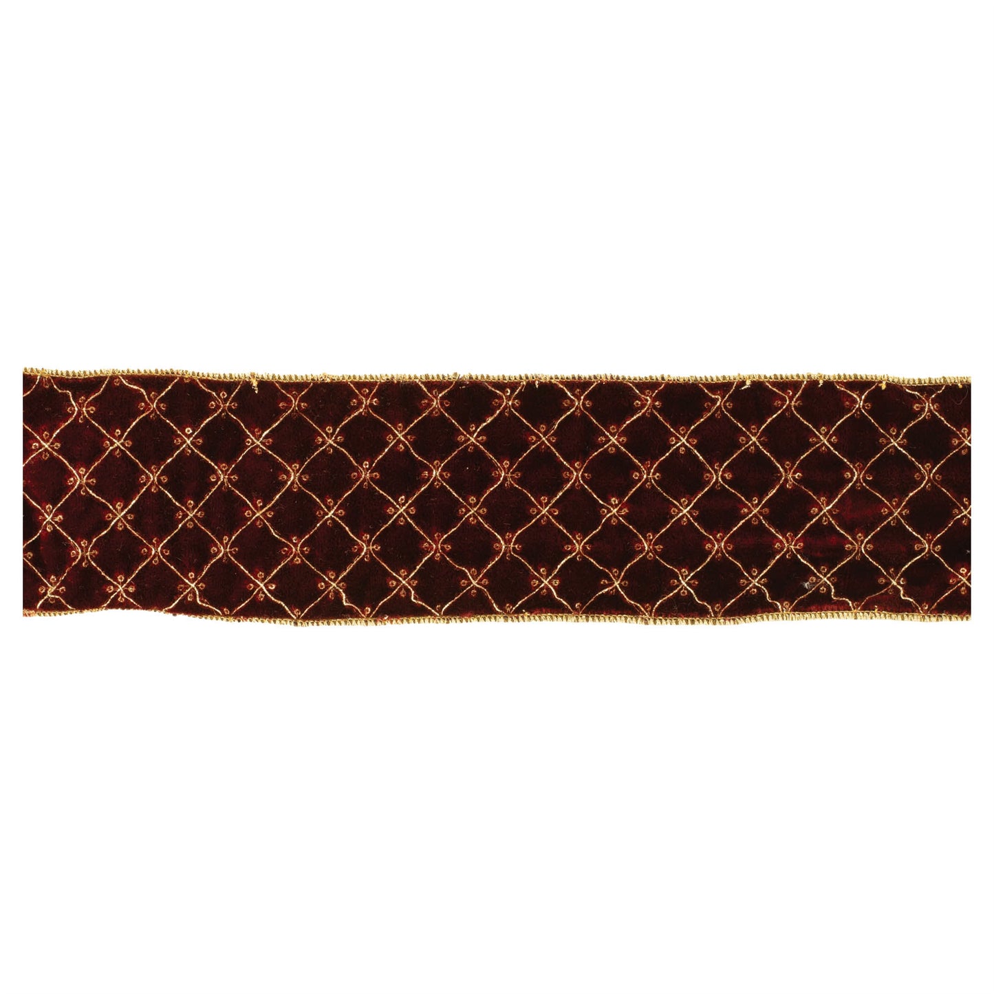 Set of two burgundy and gold diamond pattern wired ribbons, 5 yards each, with wired edges for shaping
