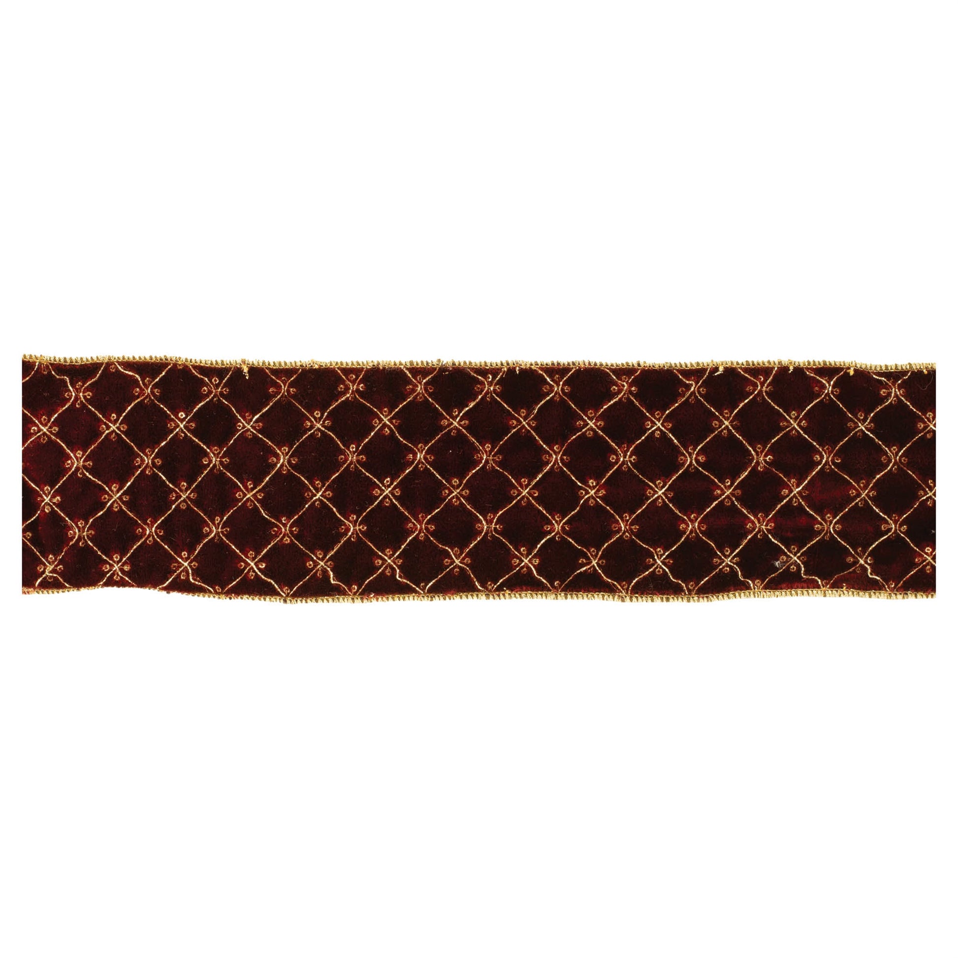 Set of two burgundy and gold diamond pattern wired ribbons, 5 yards each, with wired edges for shaping
