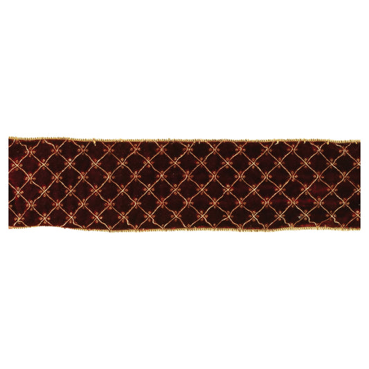 Set of two burgundy and gold diamond pattern wired ribbons, 5 yards each, with wired edges for shaping
