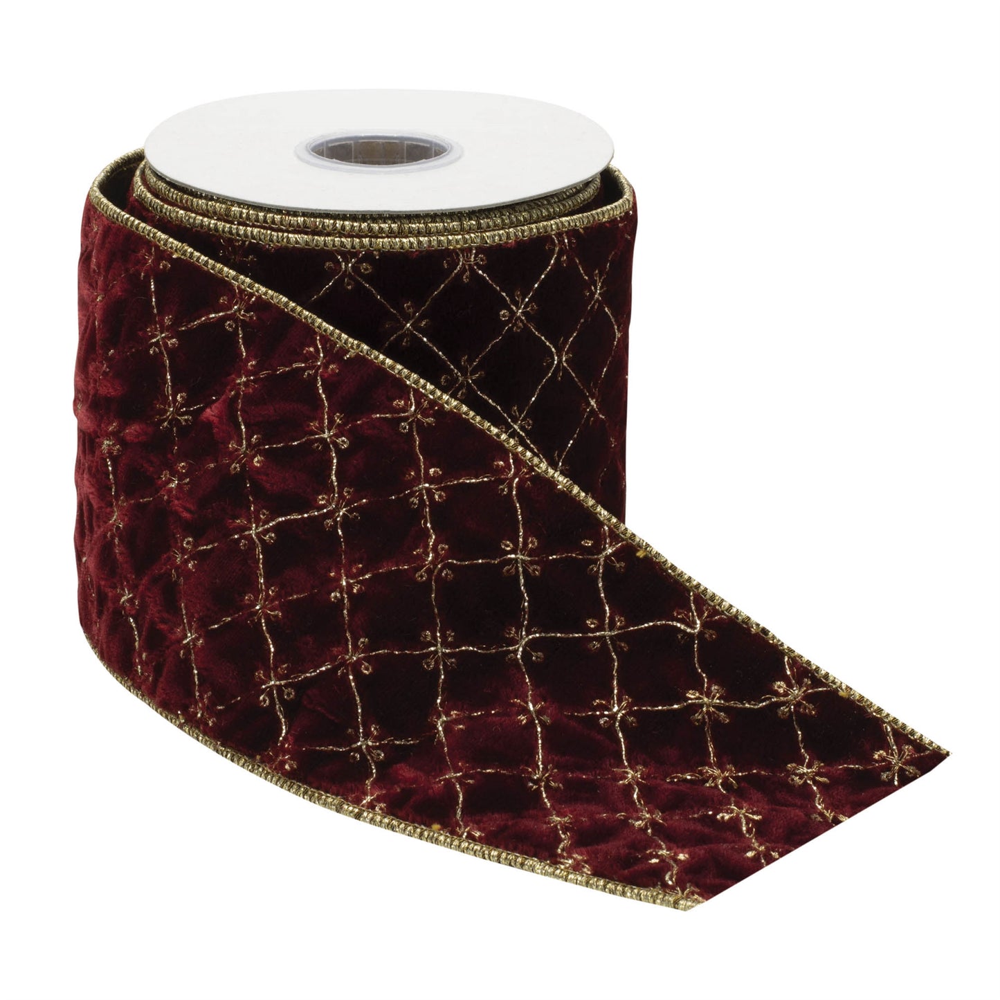 Set of two burgundy and gold diamond pattern wired ribbons, 5 yards each, with wired edges for shaping

