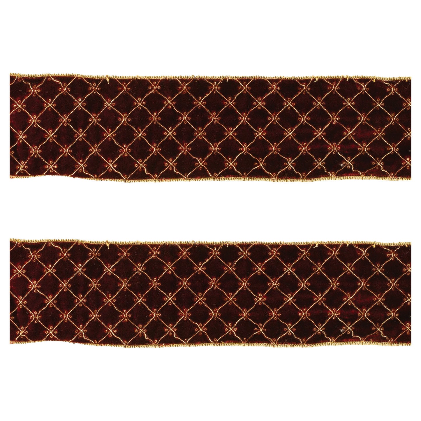 Set of two burgundy and gold diamond pattern wired ribbons, 5 yards each, with wired edges for shaping
