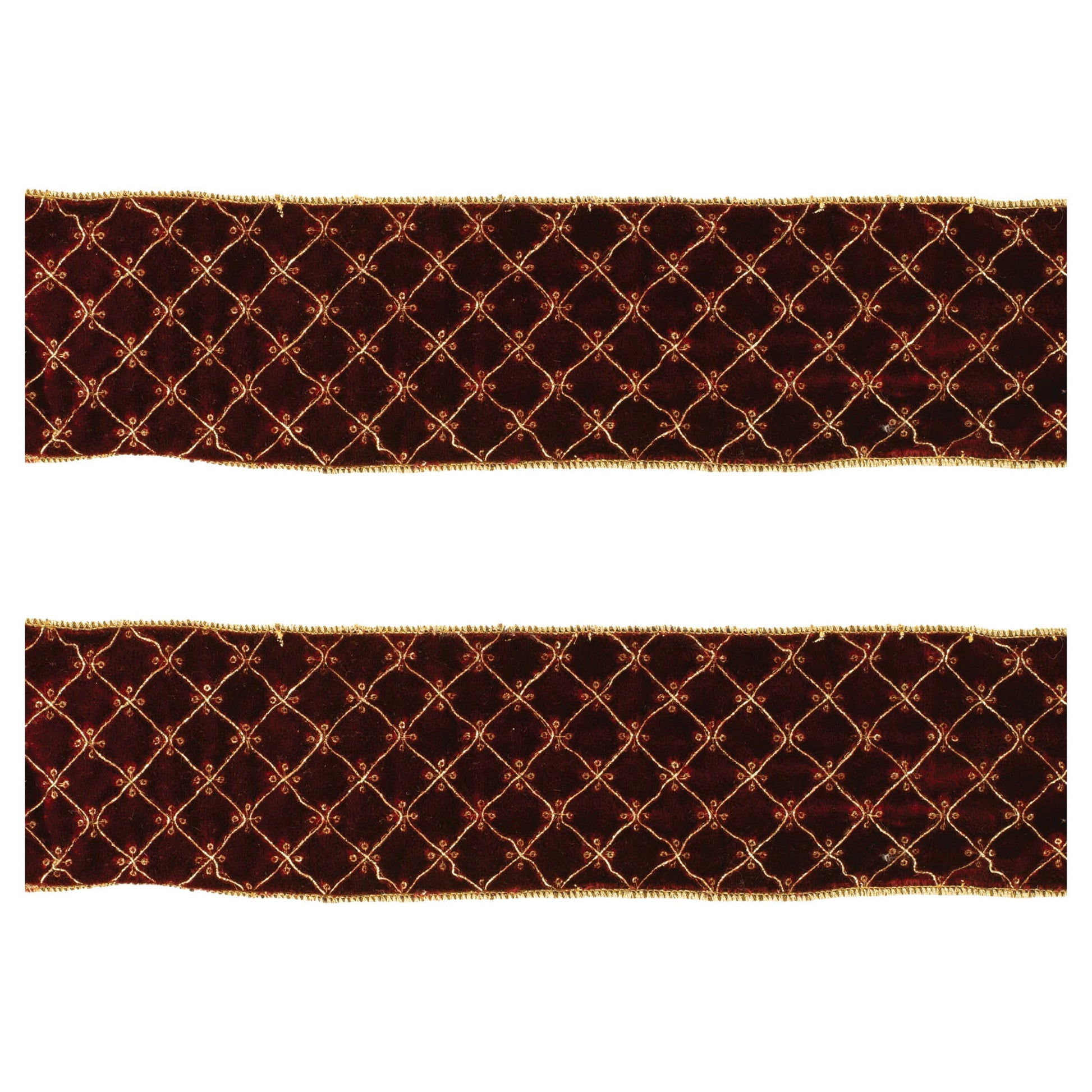 Set of two burgundy and gold diamond pattern wired ribbons, 5 yards each, with wired edges for shaping
