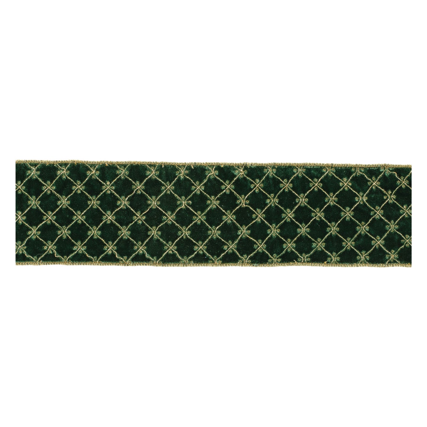 Set of two emerald green and gold diamond pattern wired ribbons, 5 yards each with wired edges for decorative shaping.
