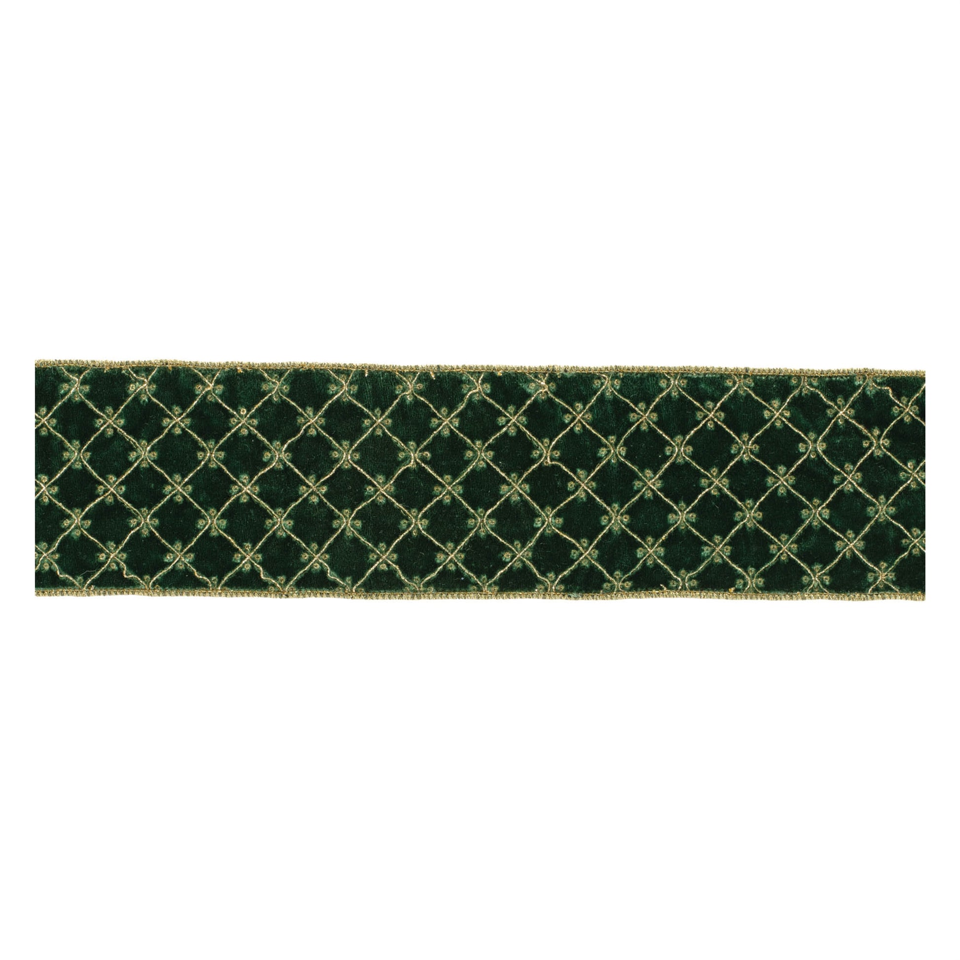 Set of two emerald green and gold diamond pattern wired ribbons, 5 yards each with wired edges for decorative shaping.
