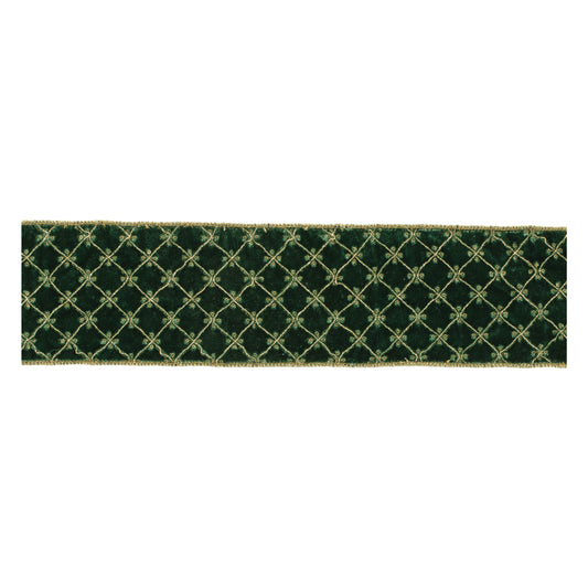 Set of two emerald green and gold diamond pattern wired ribbons, 5 yards each with wired edges for decorative shaping.
