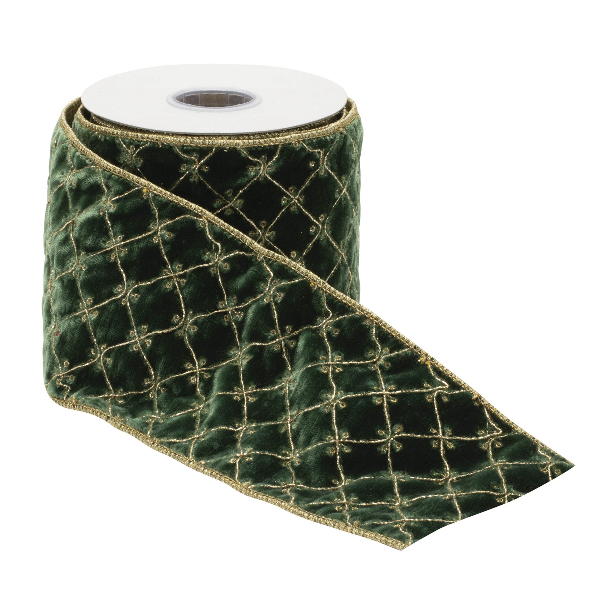 Set of two emerald green and gold diamond pattern wired ribbons, 5 yards each with wired edges for decorative shaping.
