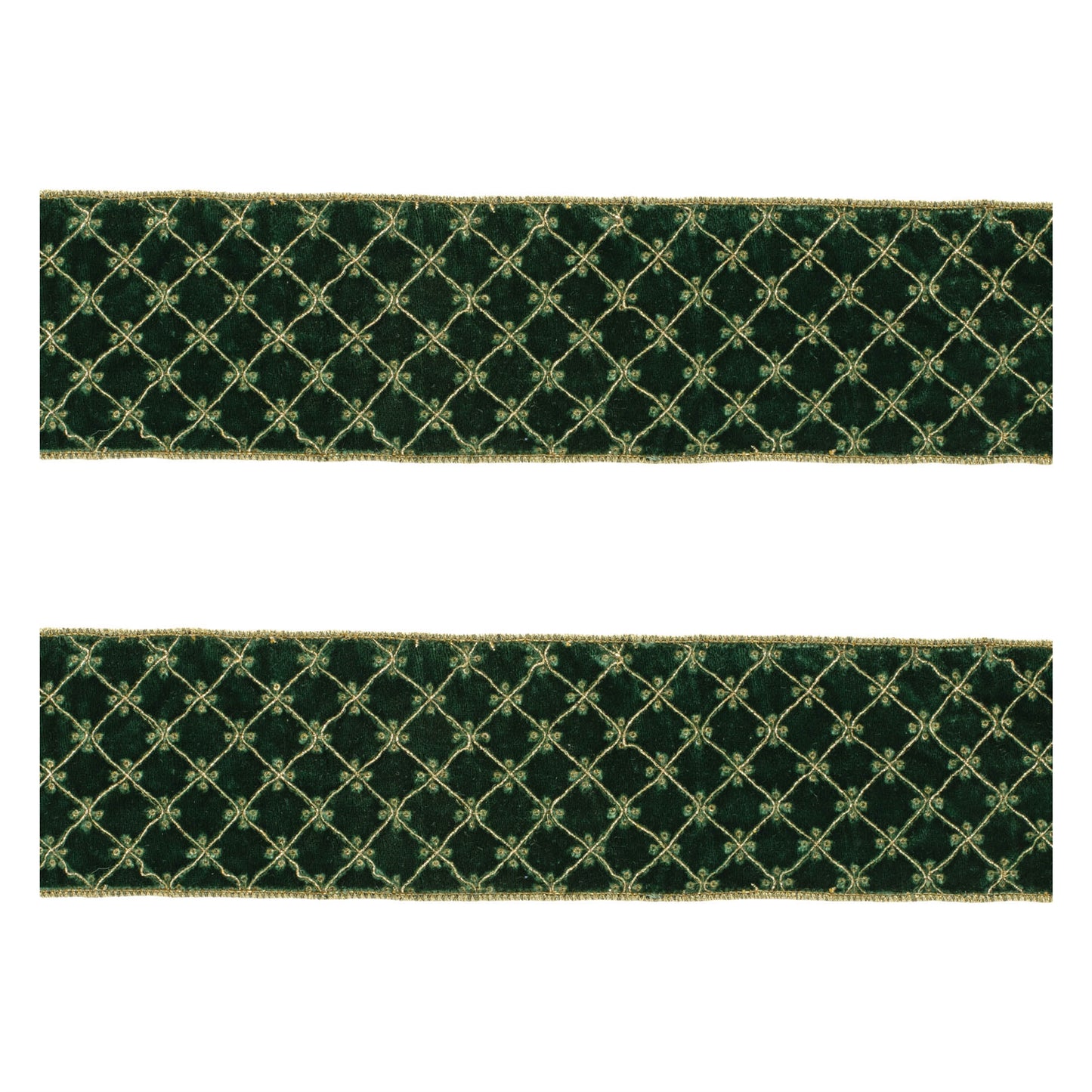 Set of two emerald green and gold diamond pattern wired ribbons, 5 yards each with wired edges for decorative shaping.
