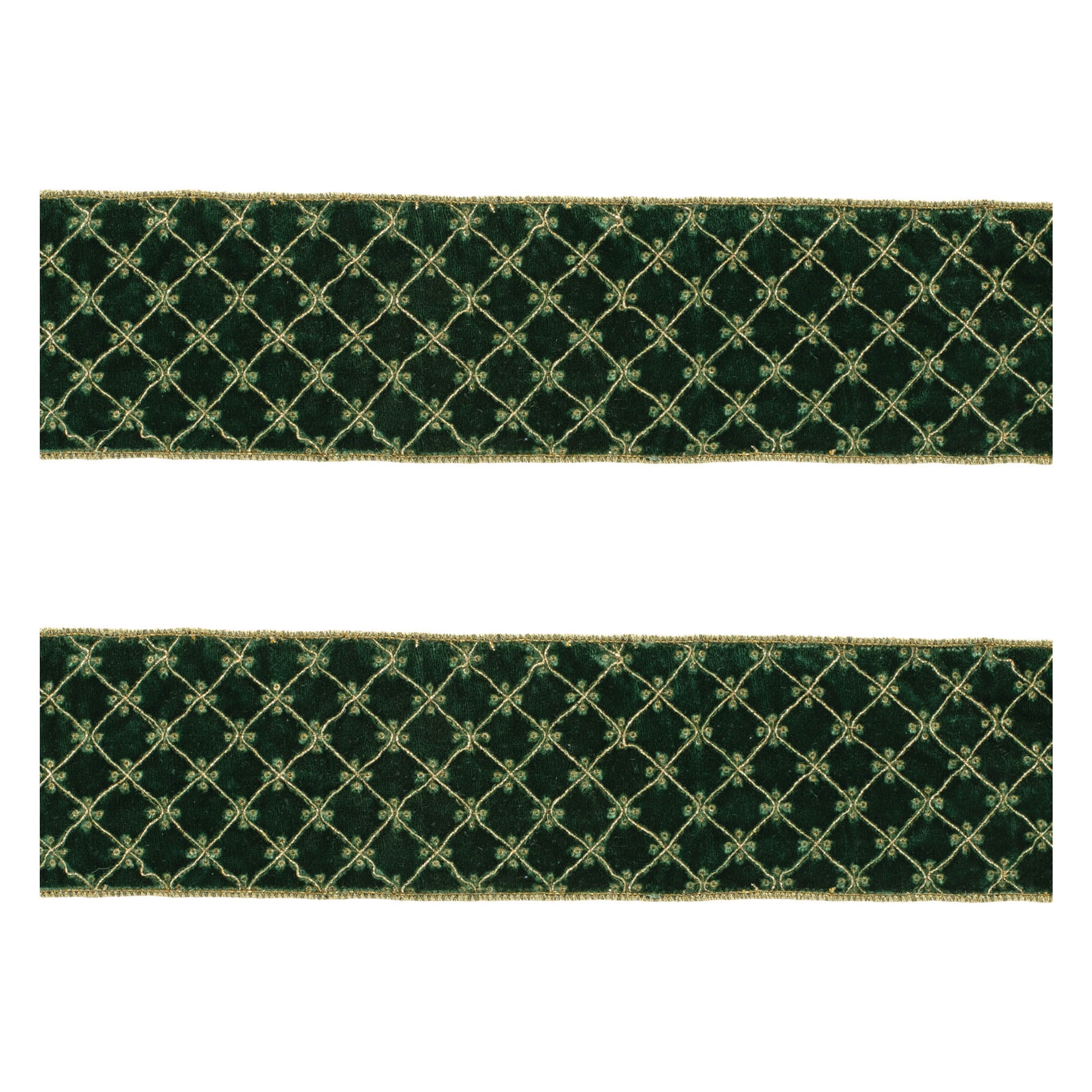 Set of two emerald green and gold diamond pattern wired ribbons, 5 yards each with wired edges for decorative shaping.
