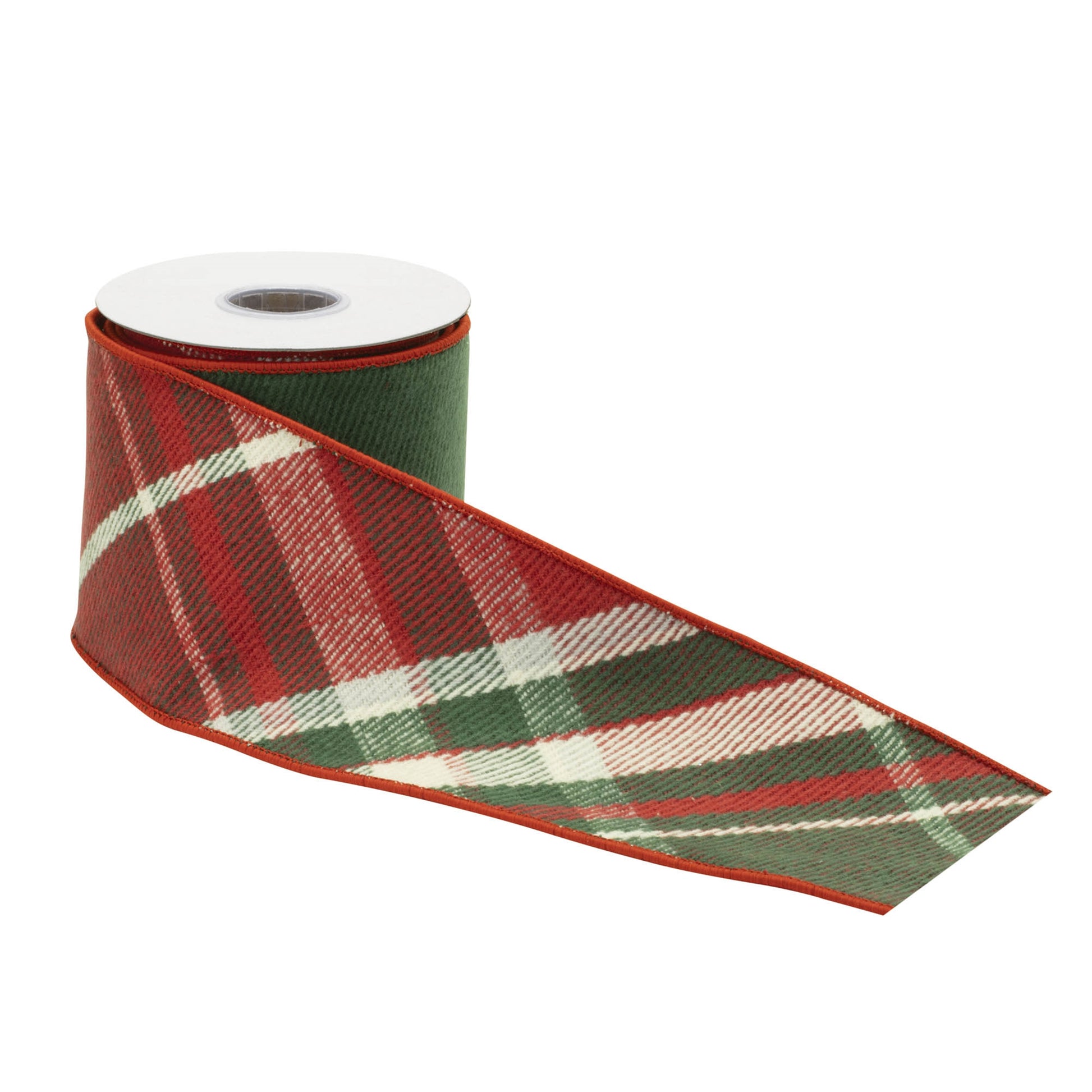 Red and green plaid wired ribbon roll, 4″ wide × 5 yards, wired edges for shaping festive bows, wreaths, and décor
