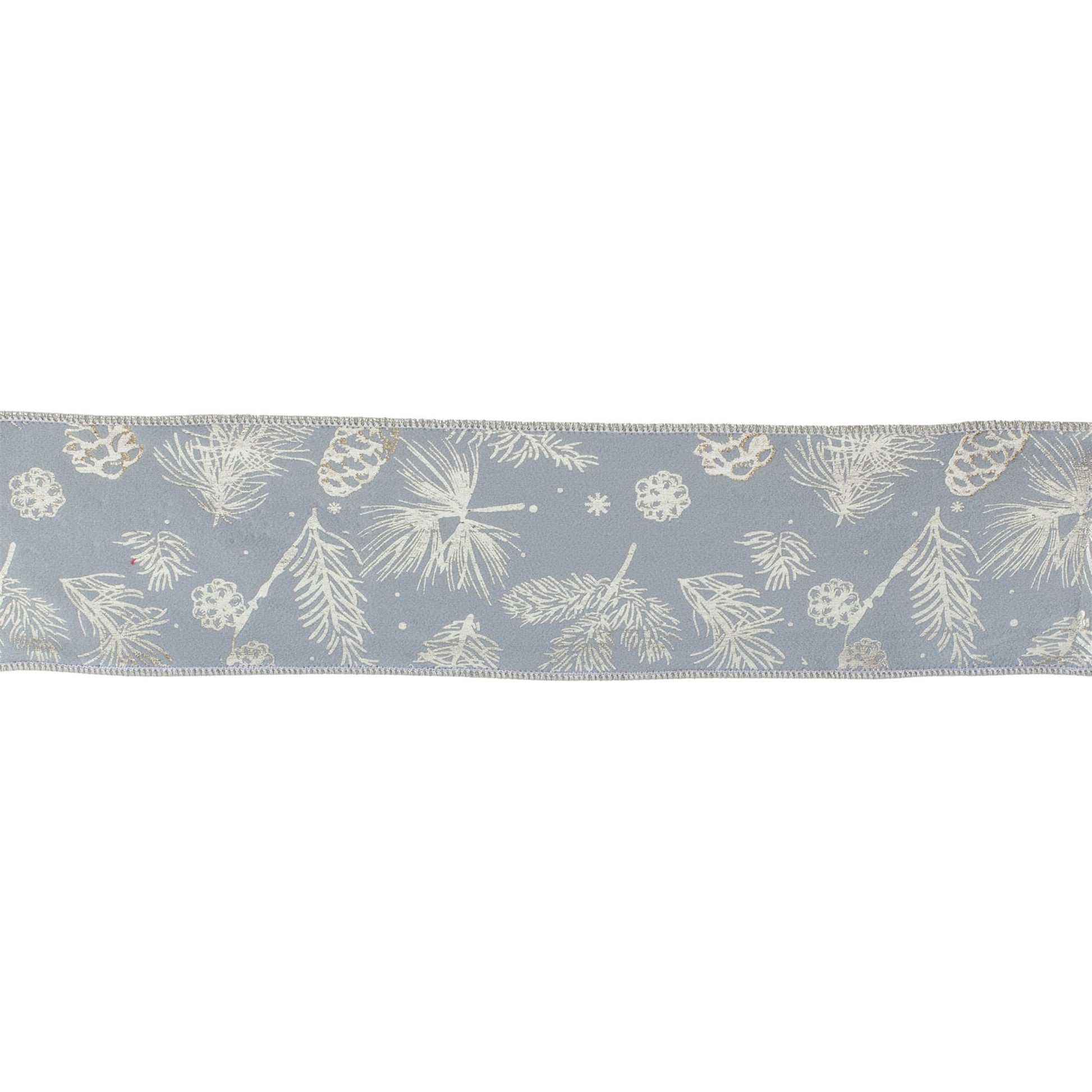 Set of two 4-inch wide wired ribbons, blue with pine and pinecone print and silver metallic trim, 5 yards each
