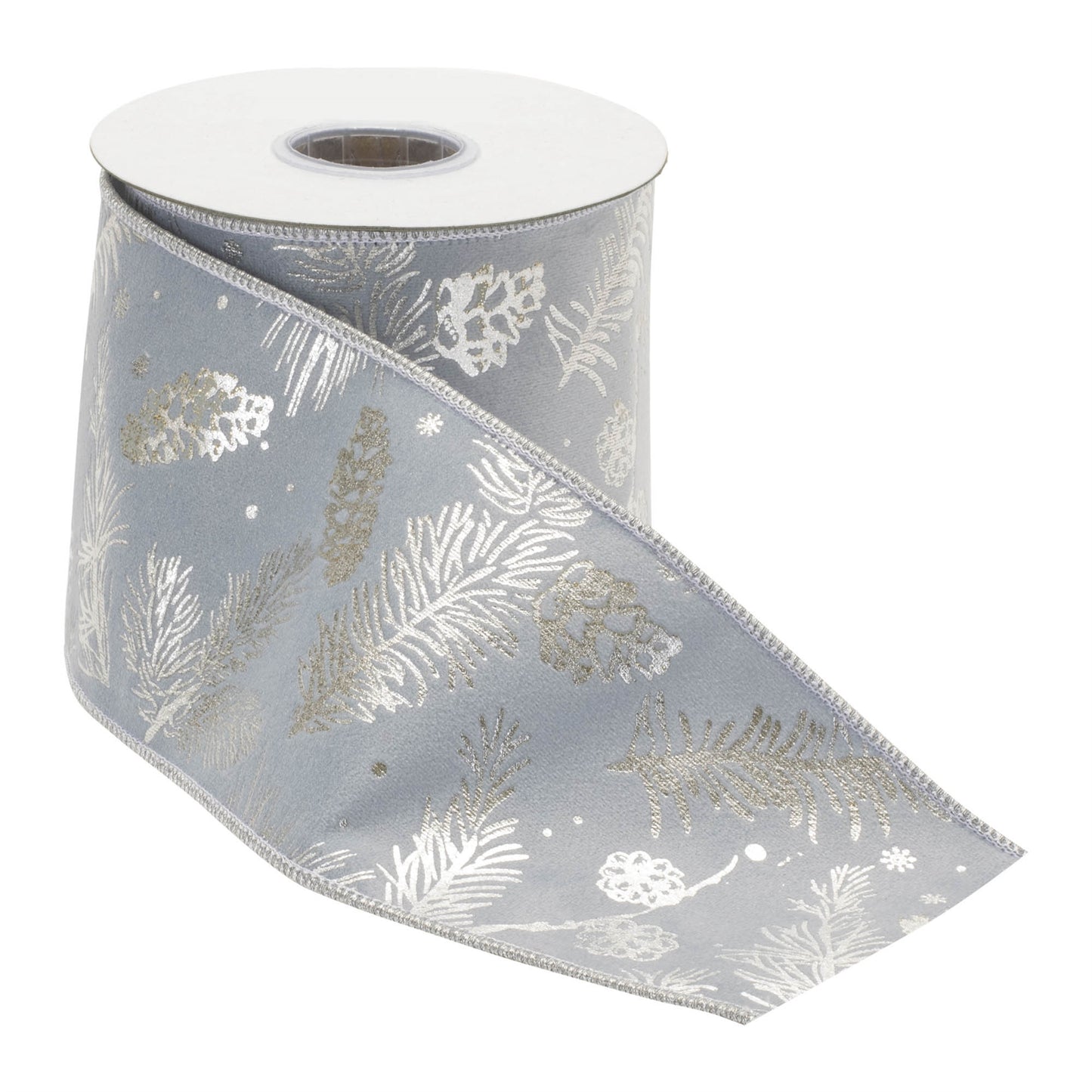 Set of two 4-inch wide wired ribbons, blue with pine and pinecone print and silver metallic trim, 5 yards each
