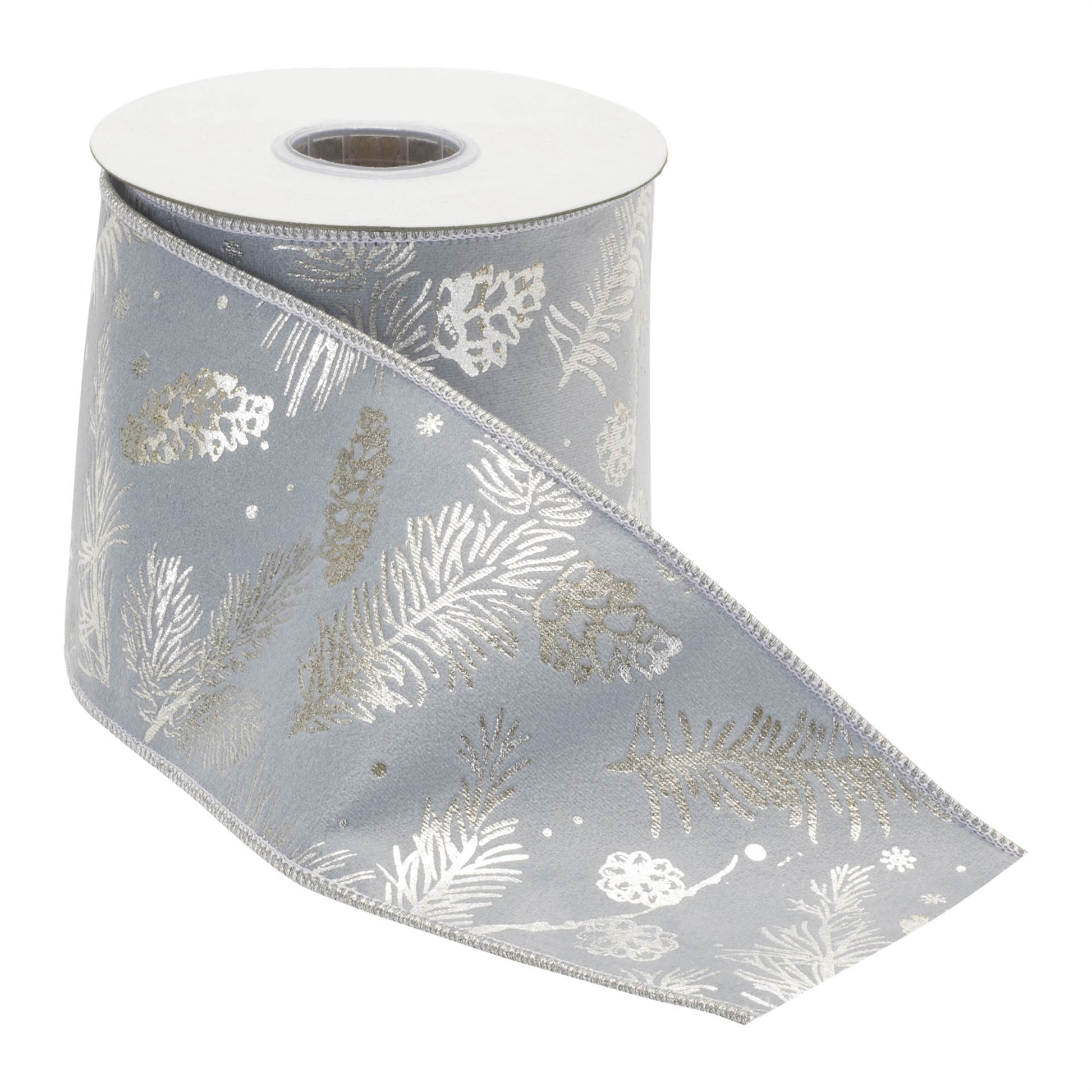 Set of two 4-inch wide wired ribbons, blue with pine and pinecone print and silver metallic trim, 5 yards each
