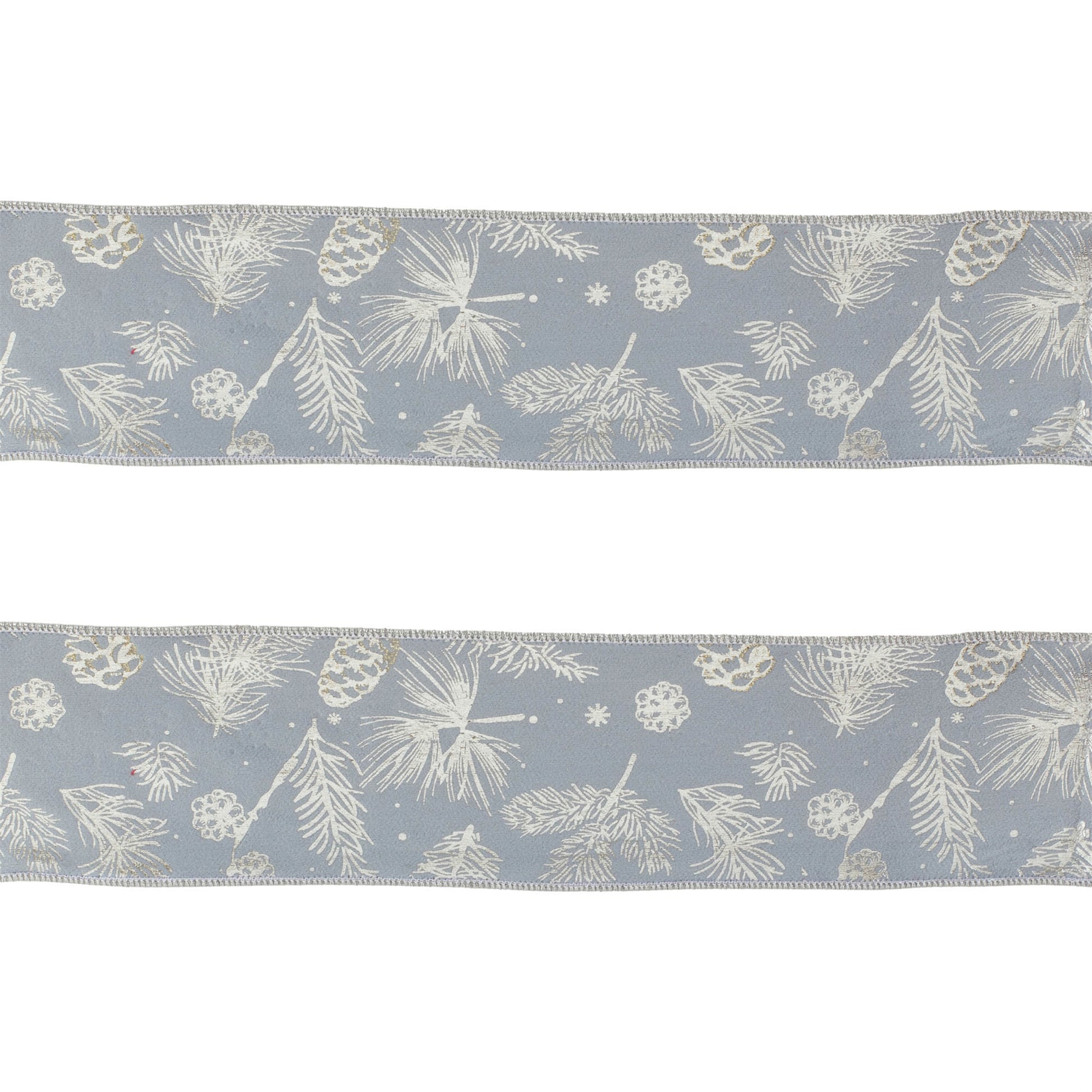 Set of two 4-inch wide wired ribbons, blue with pine and pinecone print and silver metallic trim, 5 yards each
