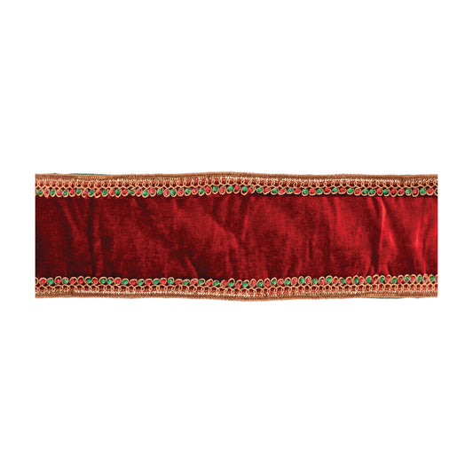 4-inch wide red and green wired ribbon with jeweled trim and metallic gold accents, 5 yards long
