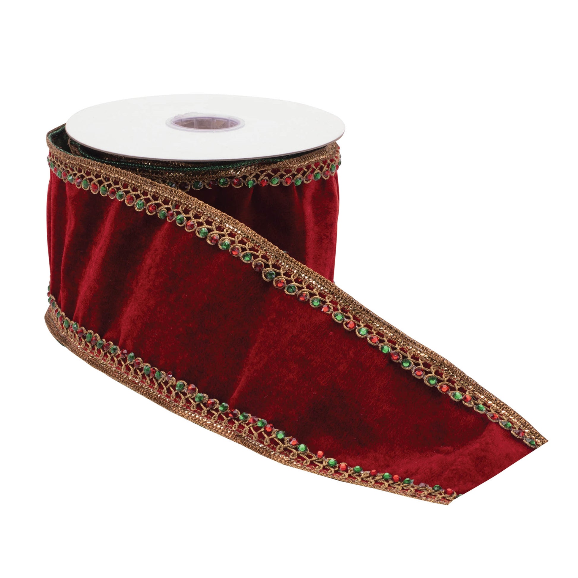 4-inch wide red and green wired ribbon with jeweled trim and metallic gold accents, 5 yards long
