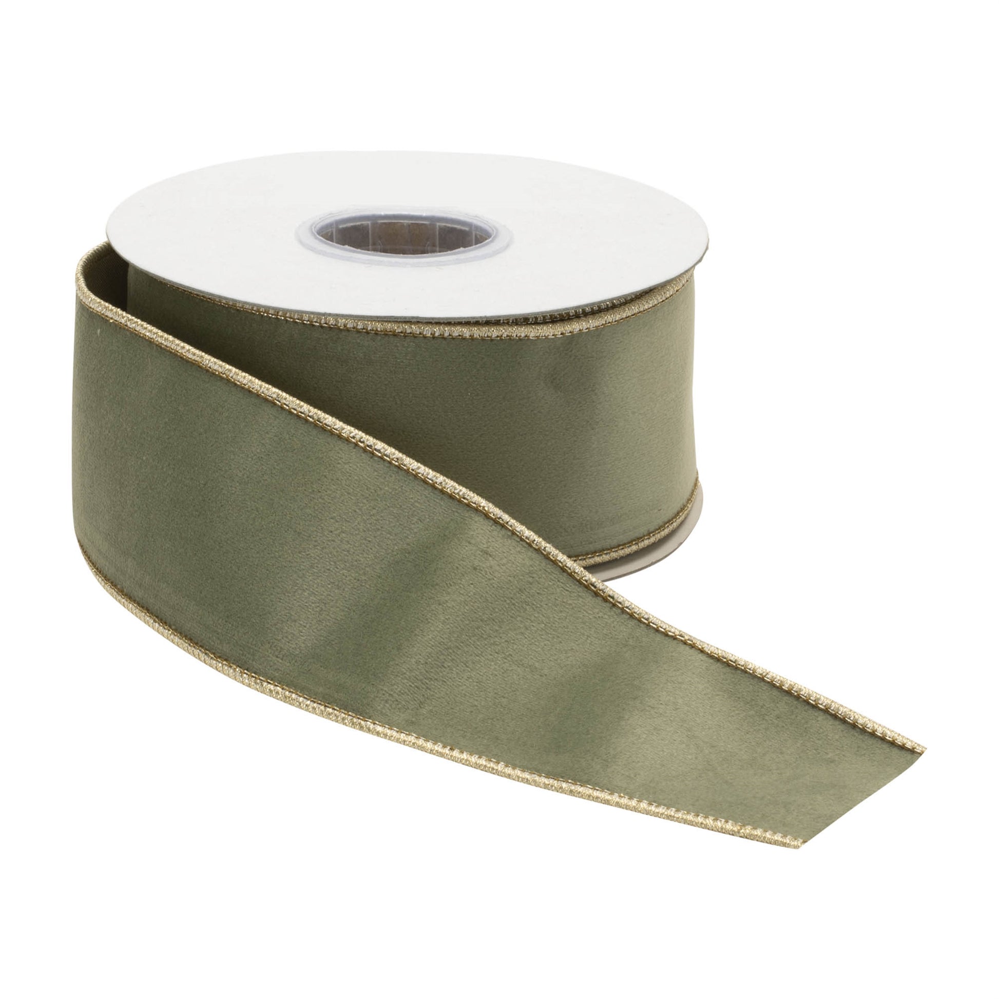Set of two green wired ribbon rolls, 2.5″ wide × 10 yards, with gold trim for holiday shaping and bows
