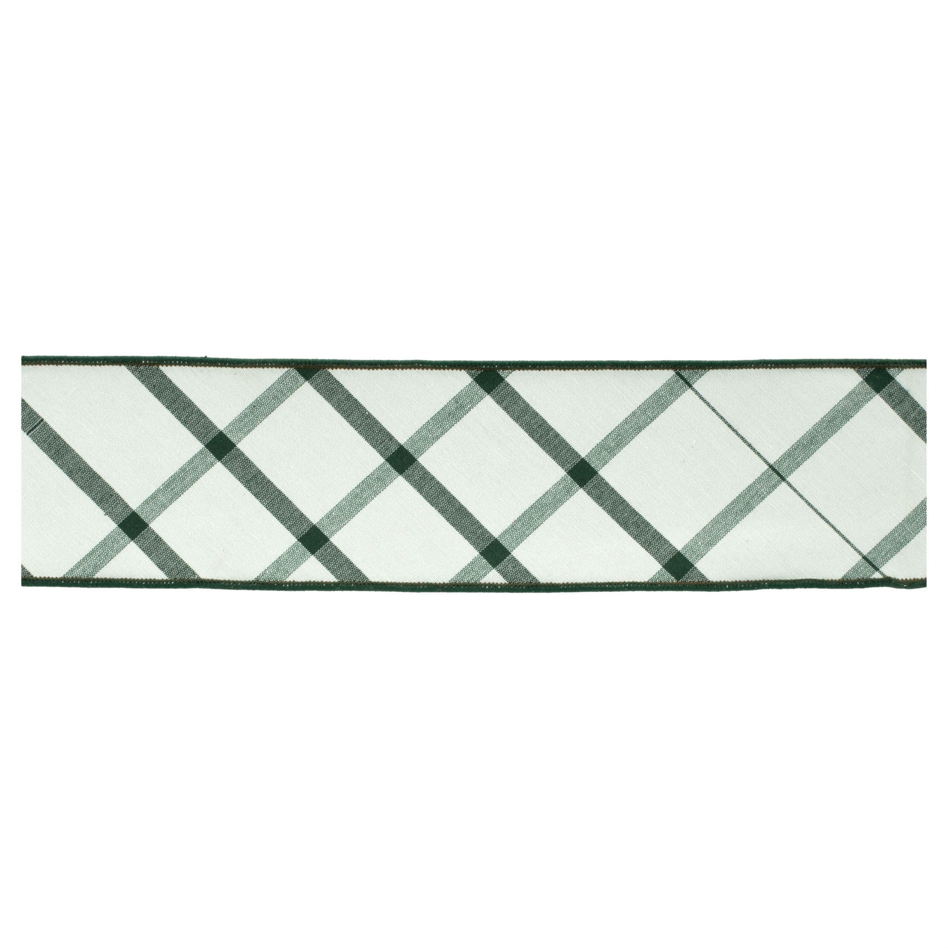 White and green plaid wired ribbon roll, 4″ wide × 5 yards, with wired edges for shaping wreaths and bows

