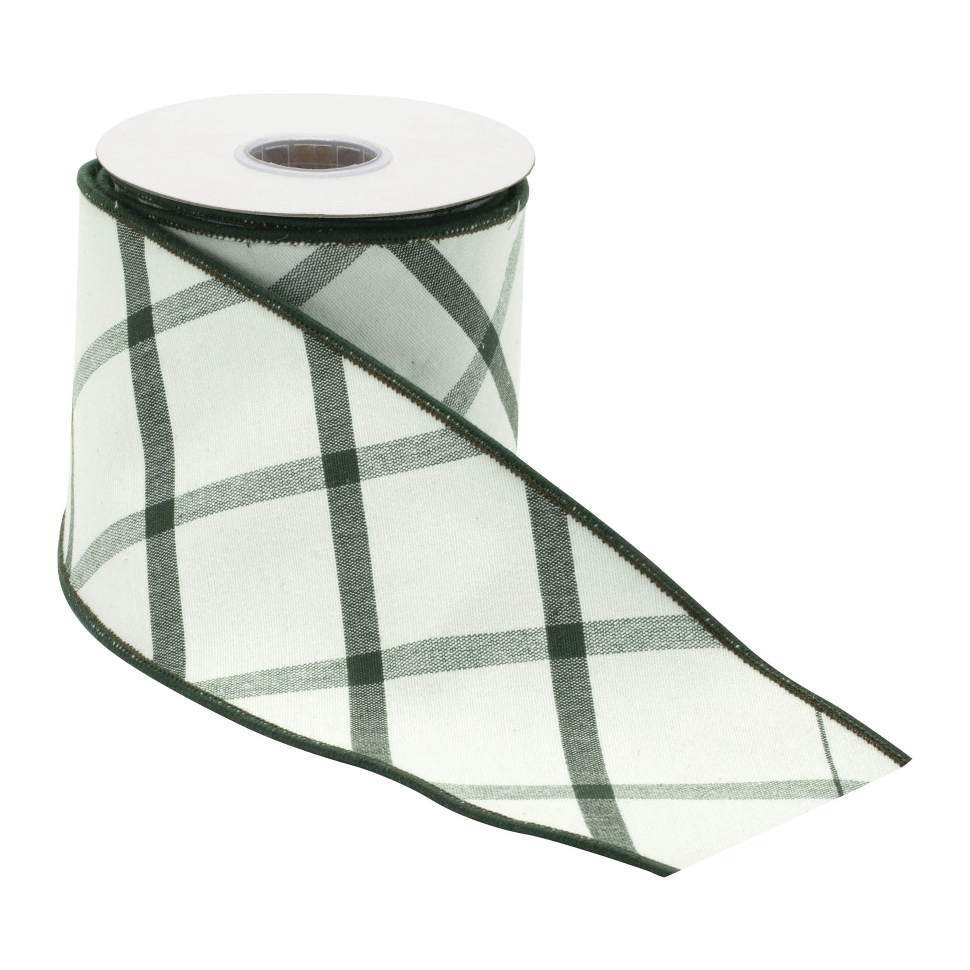 White and green plaid wired ribbon roll, 4″ wide × 5 yards, with wired edges for shaping wreaths and bows

