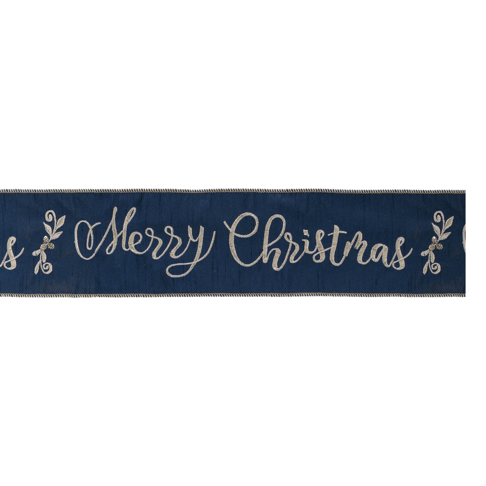 Navy blue wired ribbon with embroidered “Merry Christmas” in gold, 4″ wide × 5 yards for festive bows and décor
