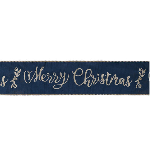 Navy blue wired ribbon with embroidered “Merry Christmas” in gold, 4″ wide × 5 yards for festive bows and décor

