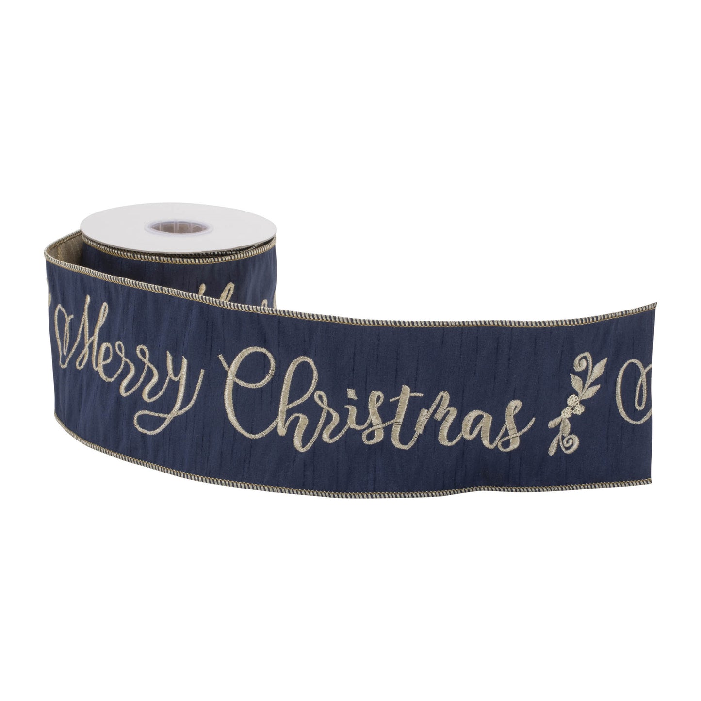 Navy blue wired ribbon with embroidered “Merry Christmas” in gold, 4″ wide × 5 yards for festive bows and décor
