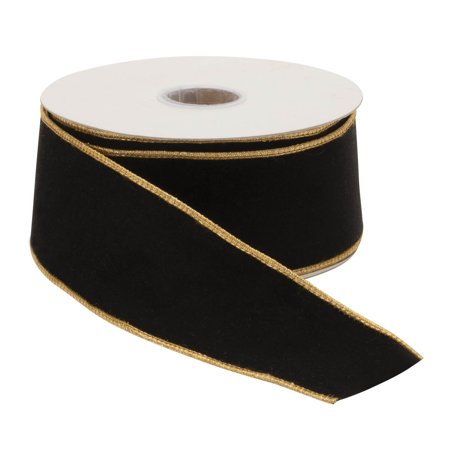 Set of two black wired ribbon rolls, 2.5″ wide × 10 yards, with gold trim for elegant bows and holiday décor

