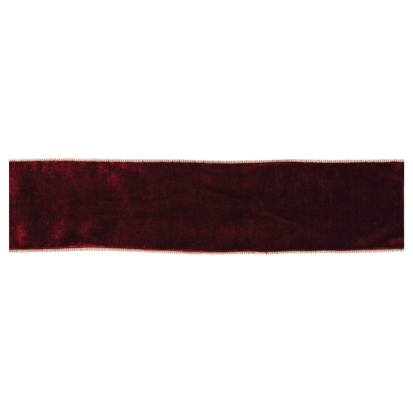 Burgundy red wired ribbon roll, 4″ wide × 10 yards with gold trim and wired edges for shaping wreaths and bows
