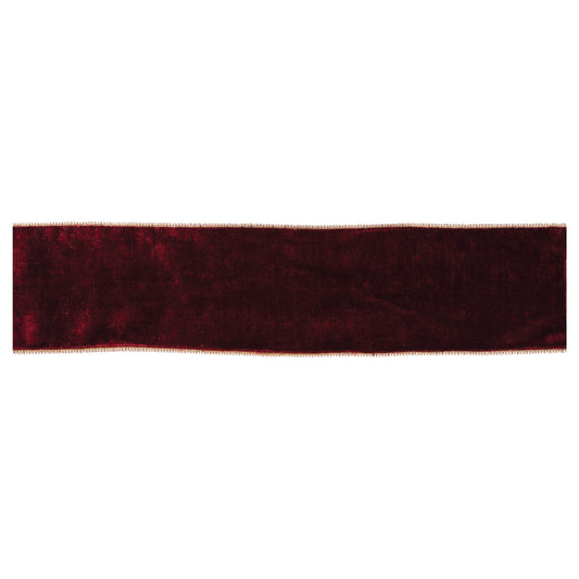 Burgundy red wired ribbon roll, 4″ wide × 10 yards with gold trim and wired edges for shaping wreaths and bows
