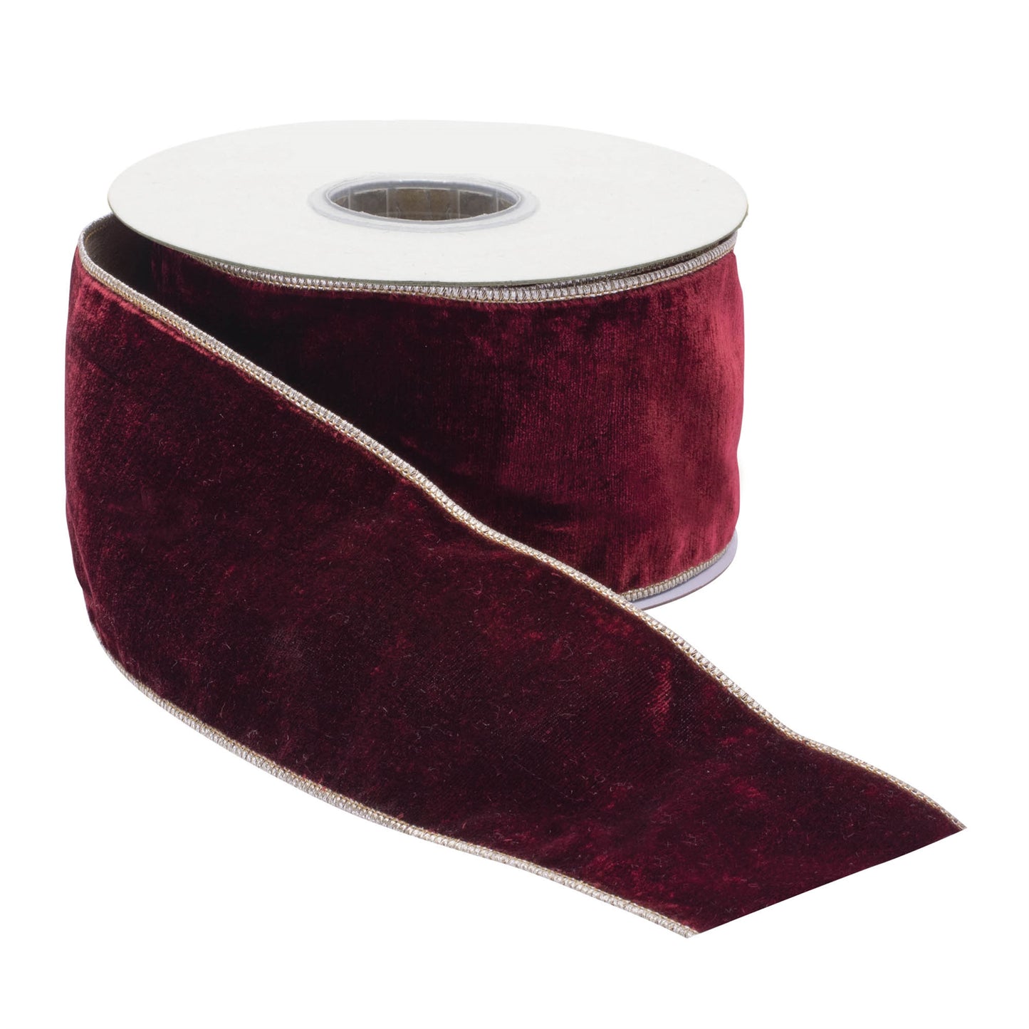 Burgundy red wired ribbon roll, 4″ wide × 10 yards with gold trim and wired edges for shaping wreaths and bows
