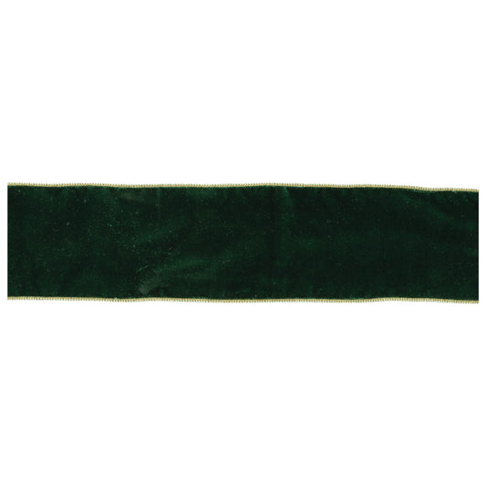 Emerald green wired ribbon roll, 4″ wide × 10 yards with gold trim and wired edges for shaping holiday bows and décor
