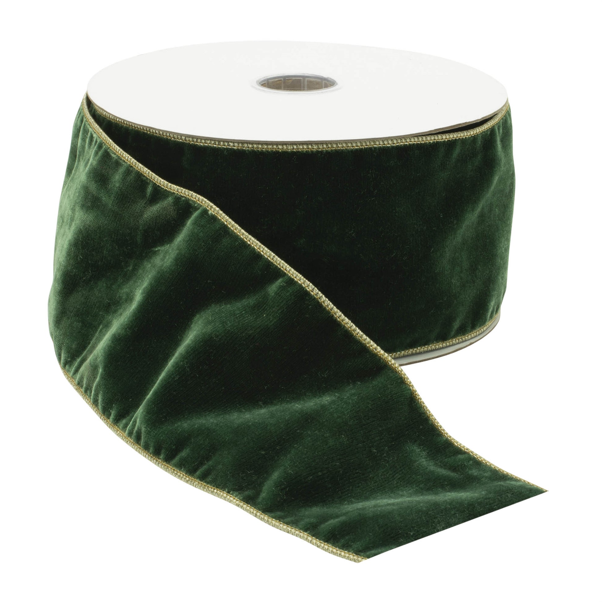 Emerald green wired ribbon roll, 4″ wide × 10 yards with gold trim and wired edges for shaping holiday bows and décor
