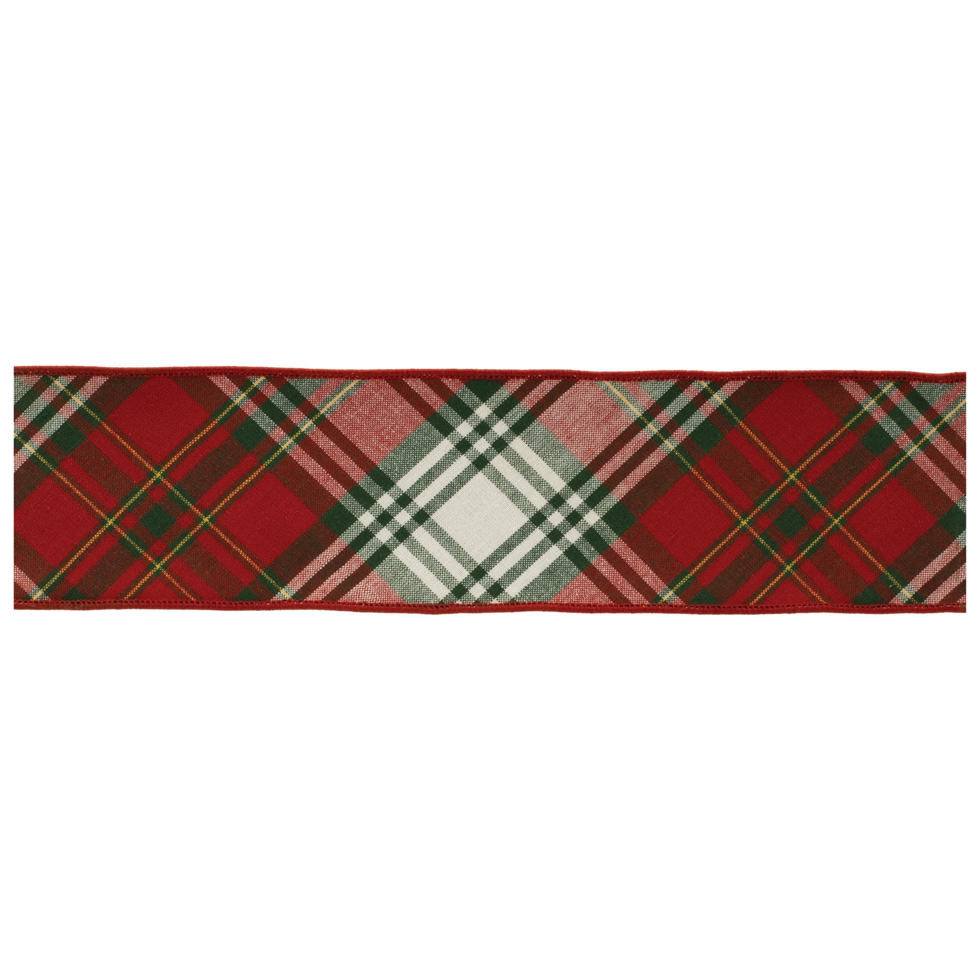Red and green plaid wired ribbon roll, 4″ wide × 5 yards with wired edges—ideal for shaping festive bows, wreaths, and décor
