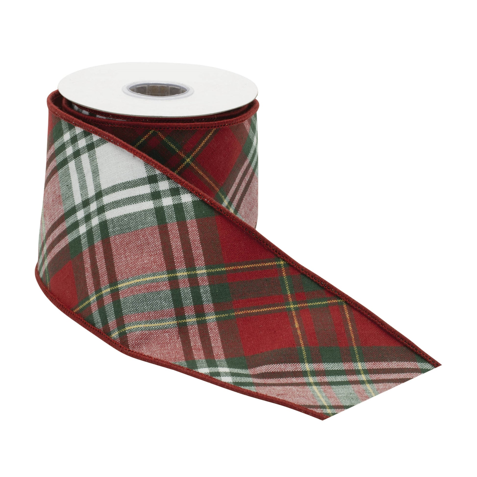 Red and green plaid wired ribbon roll, 4″ wide × 5 yards with wired edges—ideal for shaping festive bows, wreaths, and décor
