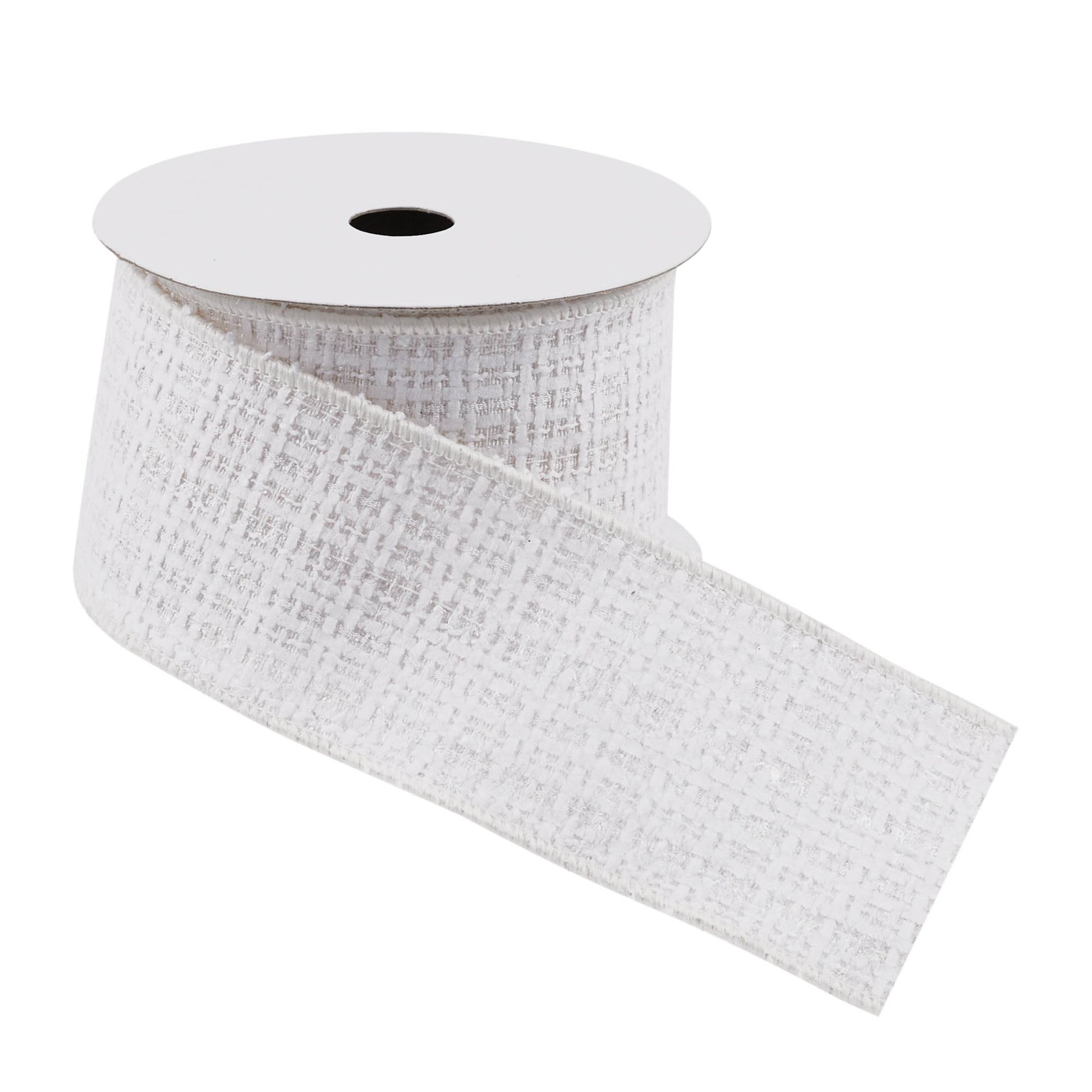 White-toned gold wired ribbon roll, 2.5″ × 5 yards, soft polyester with wired edges for shaping bows and wreaths

